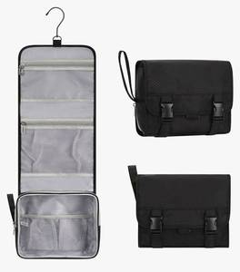 lot 28013 image: Small Hanging Toiletry Bag for Men and Women, Portable Hanging Organizer for Travel-Sized Shower Dopp Kit, Makeup Accessories, Waterproof Toiletries Organizer with 3 Compartments for Outdoor - Black - Retail $15