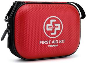 lot 28018 image: Mini First Aid Kit - 150 Piece Small Waterproof Hard Shell Medical Kit for Home, Car, Travel, Camping, Truck, Hiking, Sports, Office, Vehicle & Outdoor Emergencies- Small First Aid Medical Kit (Red) - Retail $10