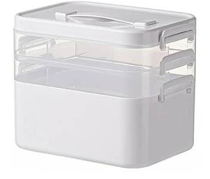 lot 28032 image: 3-Tier Medicine Storage Box Organizer,Portable Medical First Aid kit Cabinet with Handle and Removable Tray,Multipurpose Family Emergency Bin for Home Office (White,9.45�6.42�7.76inch). - Retail $18