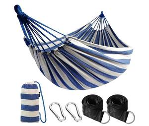 lot 28035 image: Cotton Hammock Portable Camping Hammocks for Hanging Sturdy Garden Comfortable Fabric Hammock with Tree Straps Up to 660lbs with Travel Bag for Camping OutdoorIndoor Patio Backyard. - Retail $26
