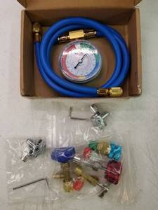 lot 28047 image: R134a Recharge Hose Kit with Gauge, AC Refrigerant Recharging Hose Measuring Kit, Self-sealing R-134a Can Tap Refrigerant Dispenser� - Retail $20