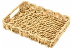 lot 28052 image: Faux Rattan Bread Basket Tray, PP Woven Fruit Basket for Kitchen Counter, Flower Edge Serving Tray with Handles, Washable Snack Organizer for Bread and Fruit (Light Beige, 14.5W � 11.0D � 1.8H) - Retail $25