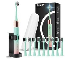 lot 28058 image: Portable Electric Soft Toothbrush with Travel Case, 90-Day Largest Battery Life, 10 Brush Heads, 5 Modes Deep Clean. - Retail $14