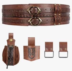 lot 28061 image: Medieval Viking Wide Belt - Renaissance Faux Leather Pirate Belt Pouch for Men & Women LARP, Halloween, Cosplay Party - Retail $30