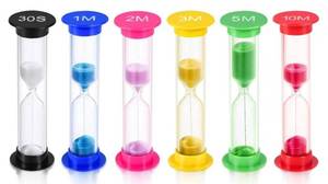 lot 28070 image: Sand Timer, KISEER 6 Pcs Colorful Hourglass Sandglass Sand Clock Timers Set 30sec  1min  2mins  3mins  5mins  10mins for Brushing Childrens Teeth, Cooking, Game, School, Office - Retail $6
