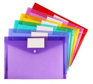 lot 28071 image: 6 Pack Clear Document Folders Plastic Envelopes Poly Envelopes File Envelopes with Label Pocket and Snap Button for Home Work Office Organization, Letter SizeA4 Size, 6 Colors - Retail $7