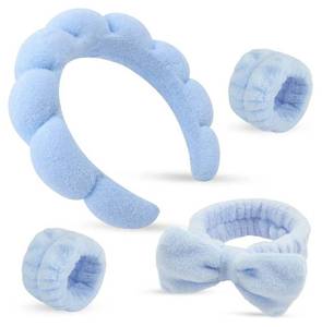 lot 28074 image: Headband for Washing Face Wristband Set, BlueSoft absorbent fabric, snug head-hugging fit for face washing, skincare, makeup, masks, travel, women and teen girls - Retail $9