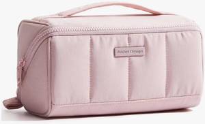 lot 28077 image: Travel Makeup Bag for Women, Fluffy & Lightweight Open Flat Cosmetic Organizer with Multiple Functional Divider for Brush Independent Storage, Handle for Easy Portability, Pink - Retail $12
