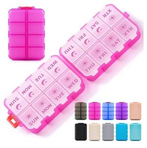 lot 28082 image: Foldable Weekly Pill Organizer 2 Times a Day with 2 Extra Compartments - Etched Labels - Portable 7 Day AM PM Medicine Box, Week Daily Travel Pill Case Holder for Meds, Vitamin, Supplement -Clear Pink - Retail $10