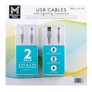 lot 33 image: Members Mark Apple USB Lightning 3ft and 6ft Cables (2 pk.)
