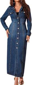 $59 Women's Maxi Denim Dress with Long Sleeve, Lapel Button, Medium
