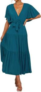 lot 105 image: R.Vivimos Womens Summer Short Sleeves V-Neck Belted Midi Dress, Large