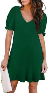 Aloodor Women's Casual Short Sleeve V-Neck Dress with Pockets, Medium.