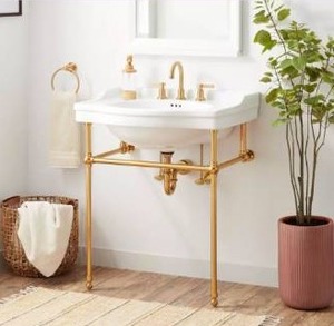 lot 17117 image: 30 Cierra Console Sink with Brass Stand - Brushed Gold - Retail $1,150