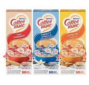 lot 17013 image: Coffee-Mate Creamer Singles Variety Pack, 0.38 Oz, 50 Creamers Per Carton, Case of 3 Cartons BB March 2026