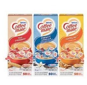lot 17014 image: Coffee-Mate Creamer Singles Variety Pack, 0.38 Oz, 50 Creamers Per Carton, Case of 3 Cartons BB March 2026