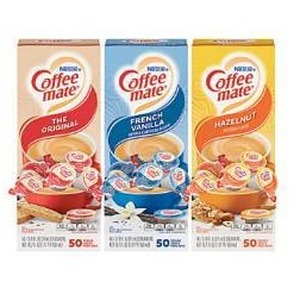 lot 17015 image: Coffee-Mate Creamer Singles Variety Pack, 0.38 Oz, 50 Creamers Per Carton, Case of 3 Cartons BB March 2026