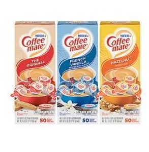 lot 17016 image: Coffee-Mate Creamer Singles Variety Pack, 0.38 Oz, 50 Creamers Per Carton, Case of 3 Cartons BB March 2026