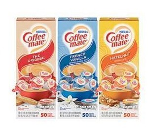 lot 17017 image: Coffee-Mate Creamer Singles Variety Pack, 0.38 Oz, 50 Creamers Per Carton, Case of 3 Cartons BB March 2026