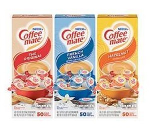 lot 17018 image: Coffee-Mate Creamer Singles Variety Pack, 0.38 Oz, 50 Creamers Per Carton, Case of 3 Cartons BB March 2026