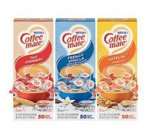 lot 17019 image: Coffee-Mate Creamer Singles Variety Pack, 0.38 Oz, 50 Creamers Per Carton, Case of 3 Cartons BB March 2026