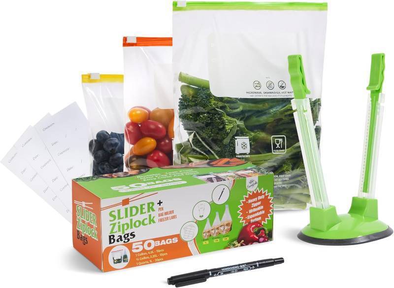 lot 64260 image: Slider Freezer Bag (50-Pcs), Reusable Food Bags Set   Large, Medium, Small Plastic Bags (4.5L, 2.25L & 1L), 50 sticker Labels, Ziplock bag holder, & Pen   BPA-Free, Food Storage Bag