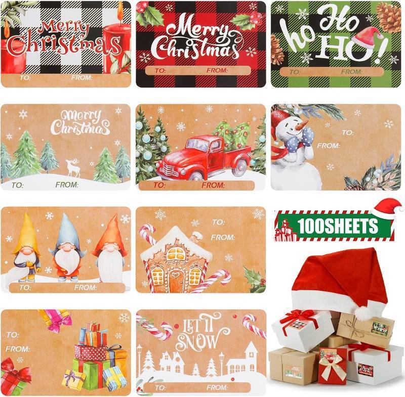 lot 65551 image: CCINEE 100 Count Christmas Gfit Tags Stickers Kraft Paper Name Tags Self Adhesive Xmas Tags & Labels for Present Gifts Boxes Bags & Envelopes, 10Designs