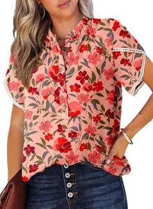 lot 65614 image: Dokotoo Womens Tops Summer Casual Boho Floral Print Short Sleeve Half Button Down V Neck Chiffon Blouses Shirts SMALL