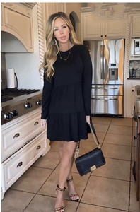 lot 65699 image: BLACK T-Shirt Crew Neck Ruffle Long Sleeve A Line Tiered Flowy Casual Short Dress, Black Small