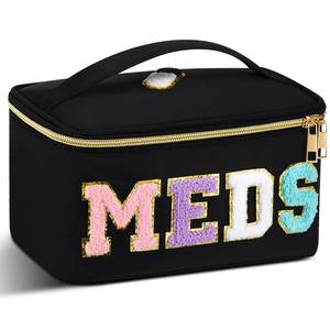 lot 2718 image: Geetery Clear Makeup Bag Chenille Letter Meds Bag Travel Cases Preppy Patch with Zipper, Portable Cosmetic Toiletry Storage case for Women(Meds,Black)