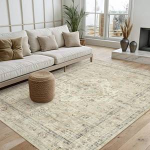 lot 2747 image: LIVEBOX Washable Area Rug 5x7 Rugs for Living Room Bedroom, Non-Slip Boho Neutral Carpet for Dining Room Office, Low-Pile Farmhouse Soft Carpets for Kids Nursery Room Playroom, Tan