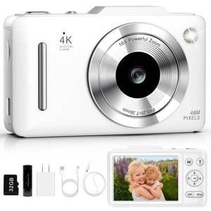 lot 2759 image: Digital Camera 4K Autofocus Vlogging Camera for Photography with 16X Zoom Anti Shake, 32GB Card, 48MP Compact Portable Point and Shoot Camera for Beginners White