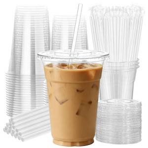 lot 2764 image: cundao 25 Pack 16 oz Clear Plastic Cups with Lids and Straws, Leak-Proof Disposable Iced Coffee Cups, BPA-Free PET Cold Drink Tumblers for Smoothie, Tea and Juice, Crystal Clear To Go Cups