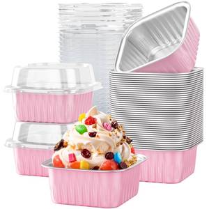 lot 2817 image: 40 Pack 5 OZ Mini Cake Pans with Lids, Disposable Square Aluminum Foil Brownie Baking Cups, Mini Aluminum Foil Cupcake Muffin Tin Ramekins, Flan Molds Cake Containers for Wedding Birthday Party, Pink