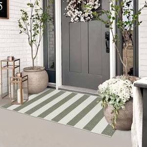 lot 2851 image: Sungea Boho Striped Front Door Mat Outside Entrance 2x4.3,Green and White Washable Porch Rug Runner,Cotton Hand Woven Indoor Outdoor Rugs,Foldable Farmhouse Layered Door Mats for Entryway