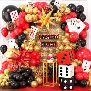lot 2887 image: 132Pcs Casino Theme Party Decorations, Dice Boxes Large Poker Cards Black Red Gold Balloon Garland Star Foil Balloons for Vegas Themed Party and Casino Night Birthday Celebrations