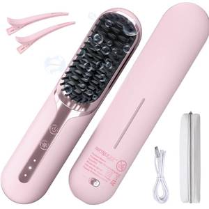 lot 2910 image: PARTNERJOY Cordless Hair Straightener Brush, Portable Hair Straightener with Ionic Technology, Dual-Mode Corded & Cordless Travel Straightening Comb, Fast Heating Hot Brush for Women - Pink