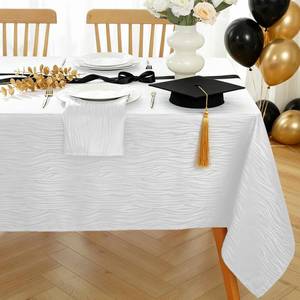 lot 2913 image: MATIRUG White Tablecloth 60 x 120 Inch,Textured Jacquard Spillproof Wrinkle Resistant Polyester Table Cloth,Washable Easy Clean Damask Table Cover for Dinning Wedding Graduation Holiday Party
