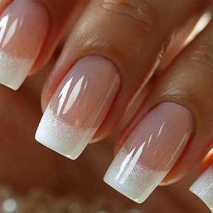 lot 2934 image: NEWSPIED 24Pcs French Tip Press On Nails Medium Square Glitter Acrylic Nails with White Gradient Design Glossy False Nails Reusable Nude Stick On Nails for Women Manicure Decor Supplies