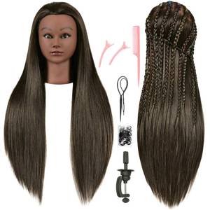 lot 2941 image: FUTAI African American Mannequin Head 30 inches Long 80% Real Human Hair Manikin Doll Style Head for Braiding Styling Updos Curling Cutting Practice Training Display with Stand