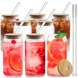lot 2990 image: HOMBERKING Glass Cups with Bamboo Lids and Straws 8pcs Set, 20oz Cups, Beer Glasses, Iced Coffee Cups, Cute Tumbler with 2 Cleaning Brushes, Ideal for Cocktail, Whiskey, Tea, Gift
