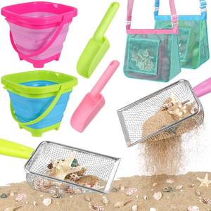 lot 4004 image: Beach Shell Collecting Set, Sand Toys with 2 Collapsible Buckets, Shark Tooth Sifters, Sand Scoops, Mesh Bags, Outdoor Exploration Tools & Treasure Hunt Toys for Kids, Family Beach Vacation Essentials