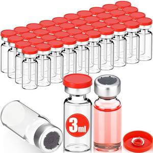lot 4033 image: BrightRow 40 Pcs 3ml Sealed Sterile Empty Vials with Self Healing Injection Port Clear Glass Empty Vials with Plastic-aluminum Flip Cap and Rubber Injection Stoppers Flat Bottom Lab Vial (Red Lid)