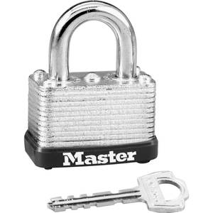 lot 4044 image: Master Lock Silver Laminated Steel Warded Padlock, Keyed Padlock for Indoor or Outdoor Use, 1-12-Inch Wide Body, 58-Inch Shackle Height, 22D