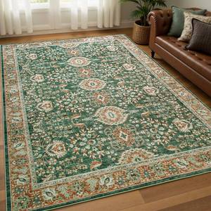 lot 4076 image: Goideal Washable Rug 4x6, Vintage Area Rugs Non Slip, Indoor Low Pile Carpet with Rubber Backing for Living Room Kitchen Bathroom Entryway Office Bedroom, Green & Orange