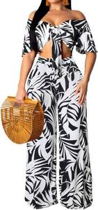 lot 4077 image: Casual Two Piece Sets for Women Elegant Short Sleeve Crop Top Long Straight Pants Beach Vacation Outfits with Pockets(2X-Large) BlackWhite