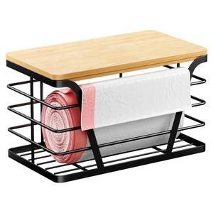 lot 4092 image: TIDIIABODE Small Grocery Bag Holder, Trash bag holder with Removable Bamboo Top, Wall Mount, No Drill, Stainless Steel, Black