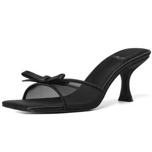 lot 4110 image: Mostrin Black Mesh Kitten Heels for Women Open Square Toe Mule Heeled Sandals with Bow Slip On Backless Dress Shoes for Wedding Party Holiday Size 10