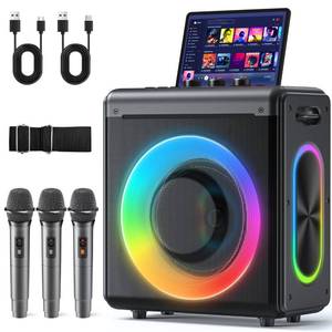 lot 4116 image: Karaoke Machine with 3 Wireless Rechargeable Microphones, Portable Bluetooth Speaker & PA System with LED Lights, Designed for Adults & Kids Home Parties, Supports TWSTF CardUSBAUX