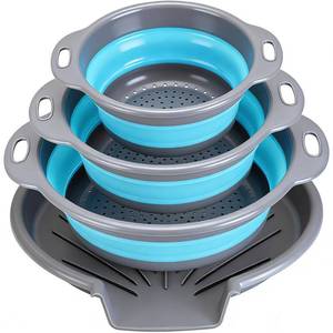 lot 4121 image: Cluren Collapsible Colander Set with Oversized Draining Tray  3-Pack Foldable Kitchen Strainers  Base  Space Saving for Pasta, Veggies, Fruit & Rice  5 Colors (Gray-Blue)